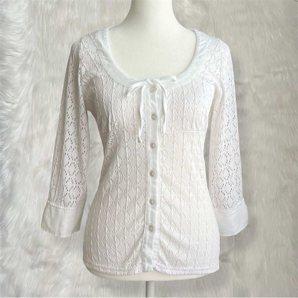 Venus White 3/4 Sleeve Button Up Eyelet Cardigan Top with Tie Detail